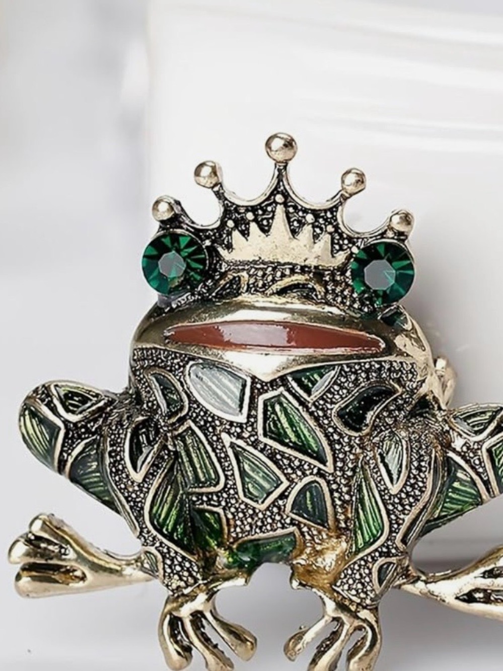 Crowned Frog Brooch with Green Rhinestone Eyes